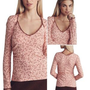 Anthropologie Maeve Bow Print V-Neck Long Sleeve Top Ruffle Trim Size XL NWT